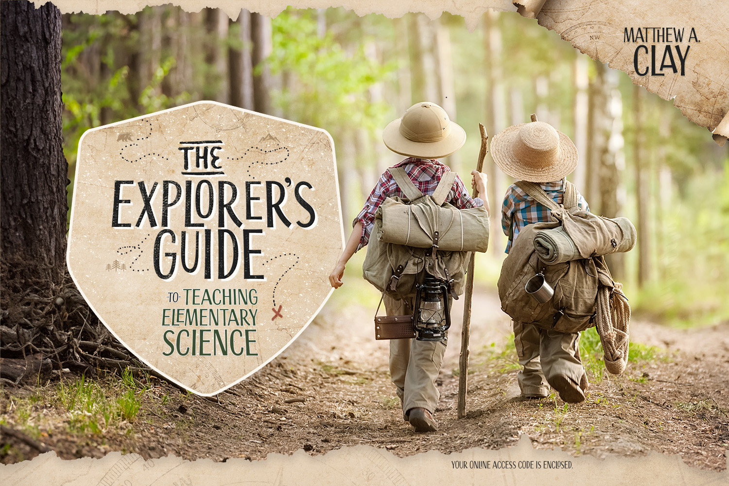 two children wearing backpacks and hiking gear walking on a trail in the forest