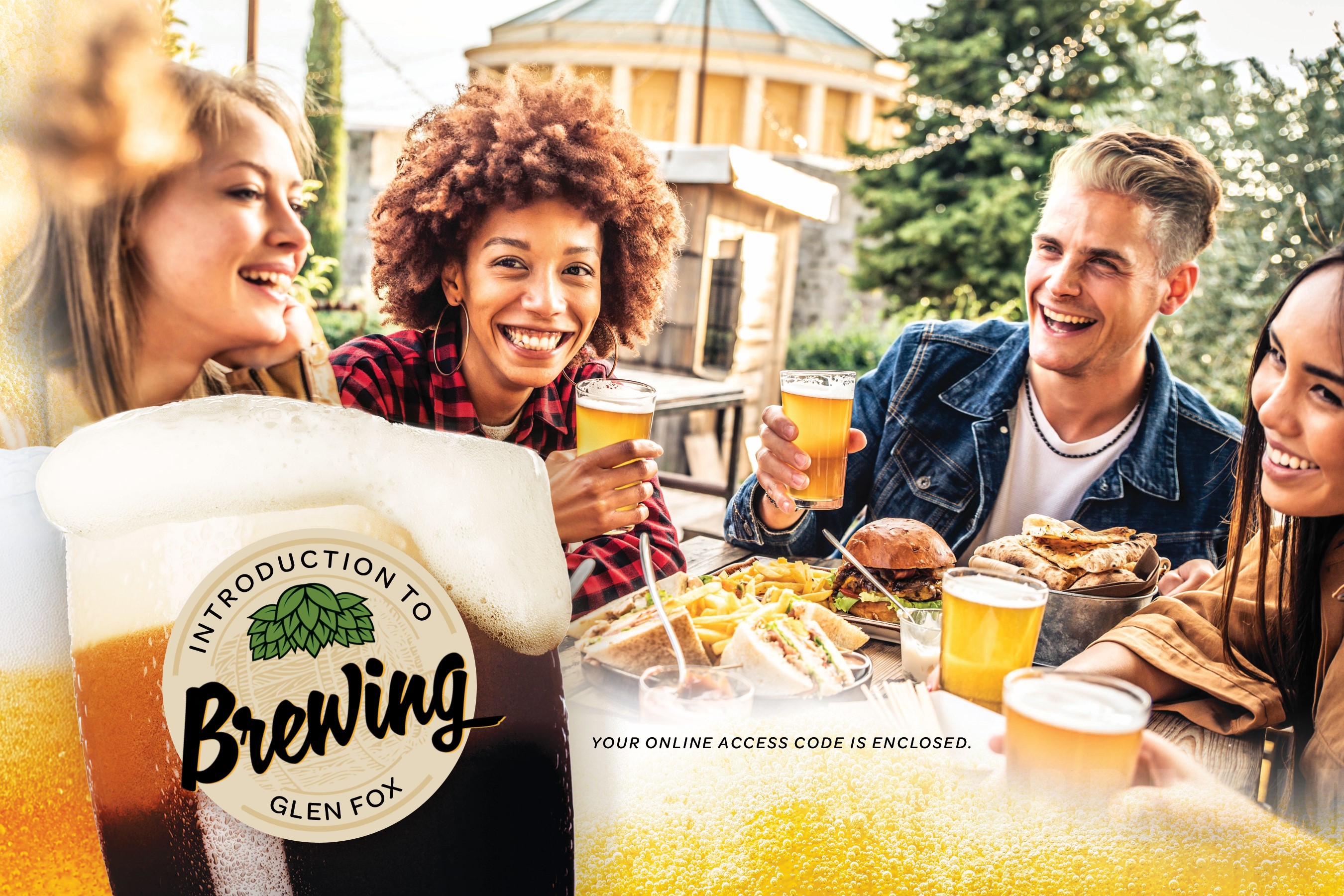 four smiling people enjoying drinks and food outdoors