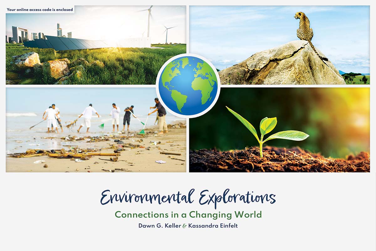 access card fro Enviromental Explorations - image of a windmill farm, a leopard sitting on a rock, people cleaning trash of a beach and a newly sprouted plant