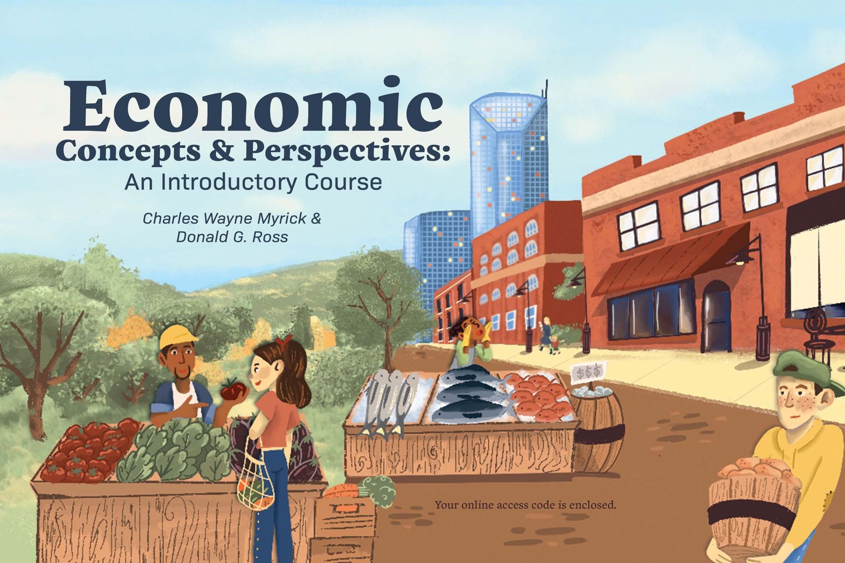 access card for Economics Concepts and Perspectives: An Introductory Course includes business buildings on a blue background