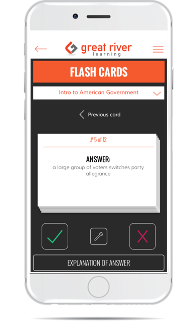 Screenshot of QuizPrep flashcard example, how to toggle questions with correct answers.