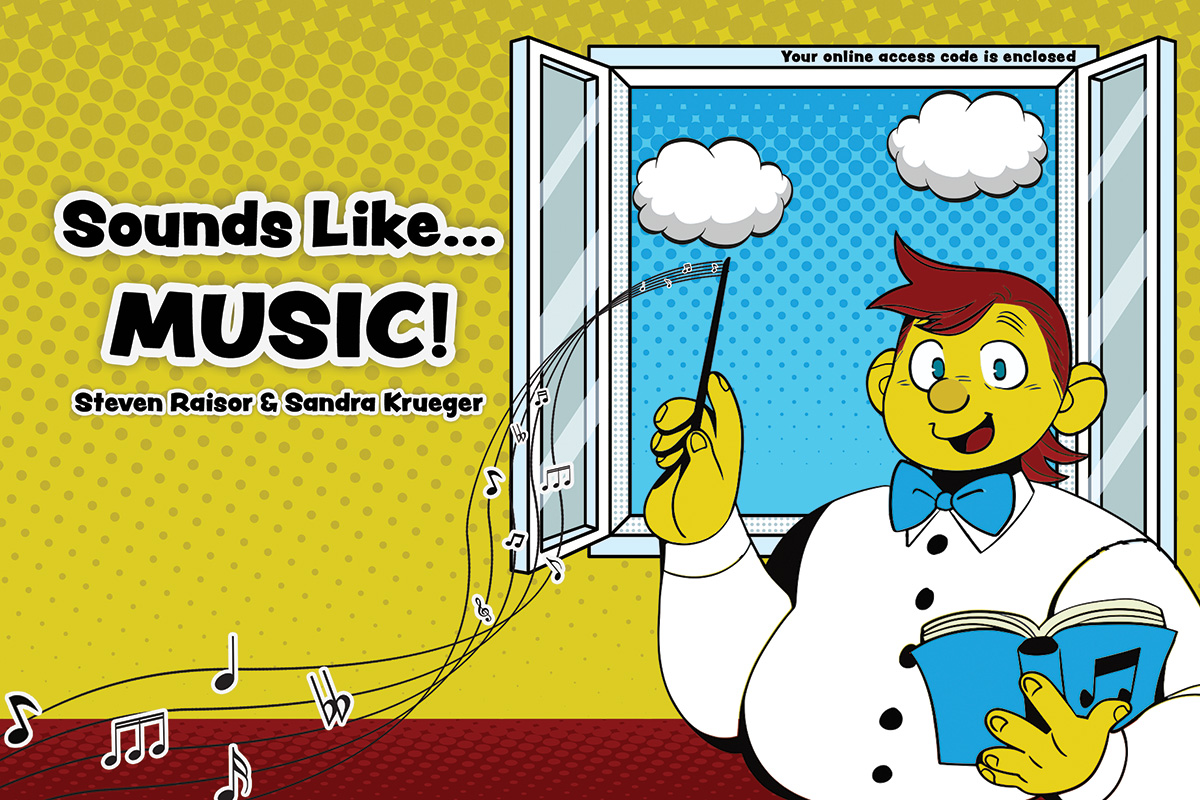 Cartoonish looking character holding a book of music and a conductor's baton standing in front of a window